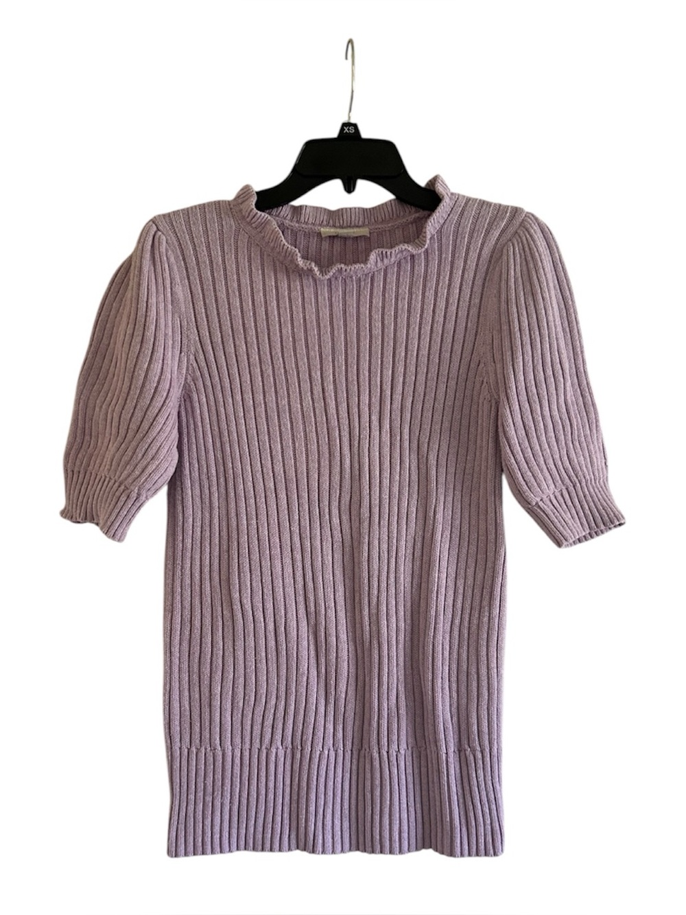LOFT Ribbed Purple Ruffle Neckline Size Medium Short Puff-Sleeve Sweater